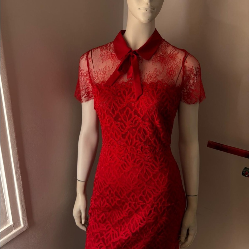 Sandro Scarlet Lace Midi Dress with Satin Collar